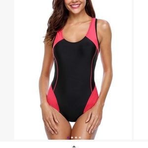 NWT, size medium, one piece red and black women’s swimsuit